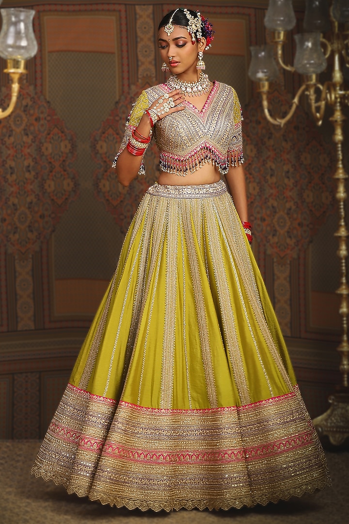 Lemon Green Silk Chanderi Dori Embroidered Bridal Lehenga by Shikhar Sharma at Pernia's Pop Up Shop