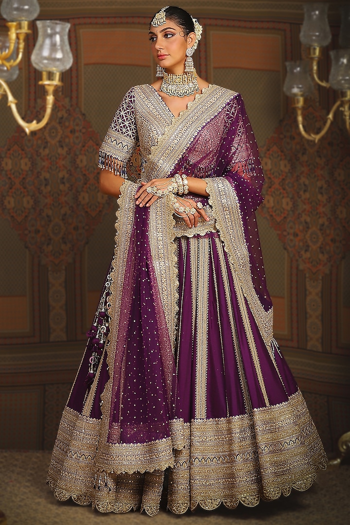 Dark Purple Silk Chanderi Dori Embroidered Bridal Lehenga Set by Shikhar Sharma at Pernia's Pop Up Shop