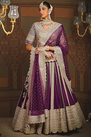 Dark Purple Silk Chanderi Dori Embroidered Lehenga Set by Shikhar Sharma