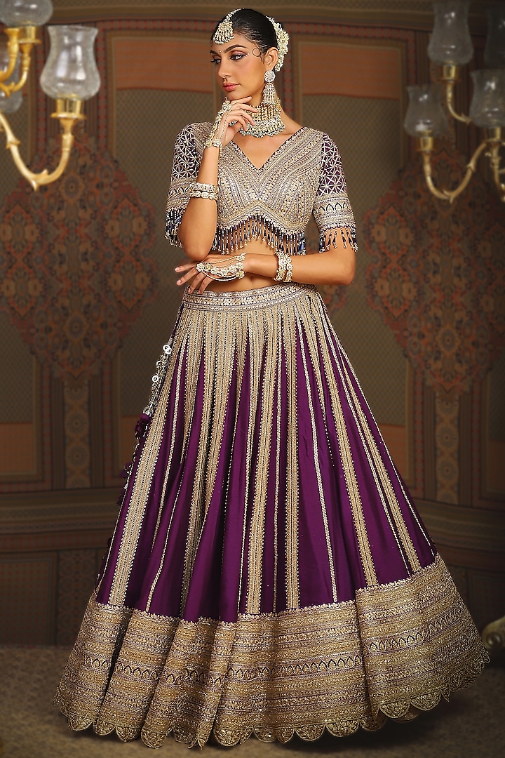 Dark Purple Silk Chanderi Dori Embroidered Bridal Lehenga Set by Shikhar Sharma at Pernia's Pop Up Shop