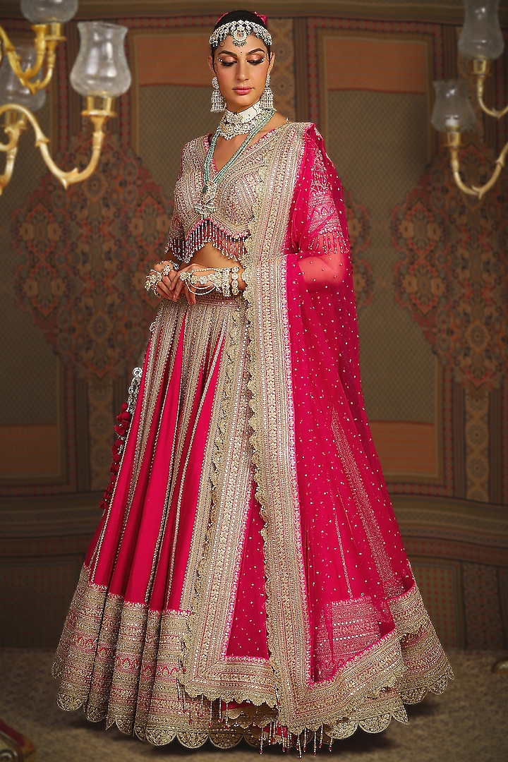 Bright Rani Pink Silk Chanderi Dori Embroidered Bridal Lehenga Set by Shikhar Sharma at Pernia's Pop Up Shop