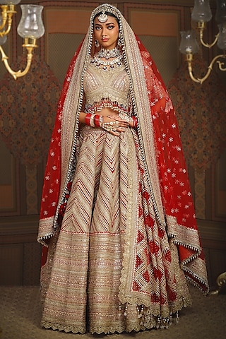 Red Silk Chanderi Dori Embroidered Lehenga Set by Shikhar Sharma