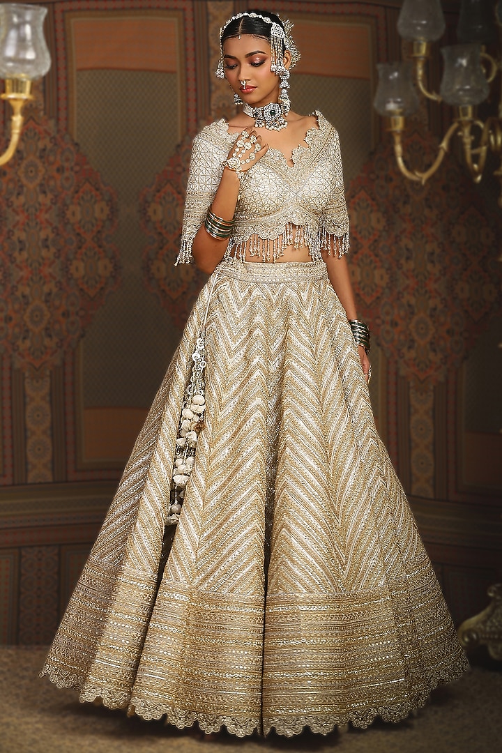 Silver & Grey Cotton Shimmer Chanderi Dori Embroidered Bridal Lehenga Set by Shikhar Sharma at Pernia's Pop Up Shop