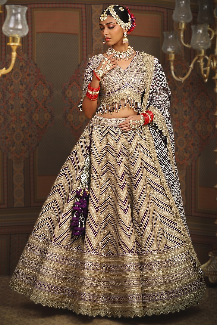 Dark Purple Silk Chanderi Dori Embroidered Bridal Lehenga Set by Shikhar Sharma at Pernia's Pop Up Shop