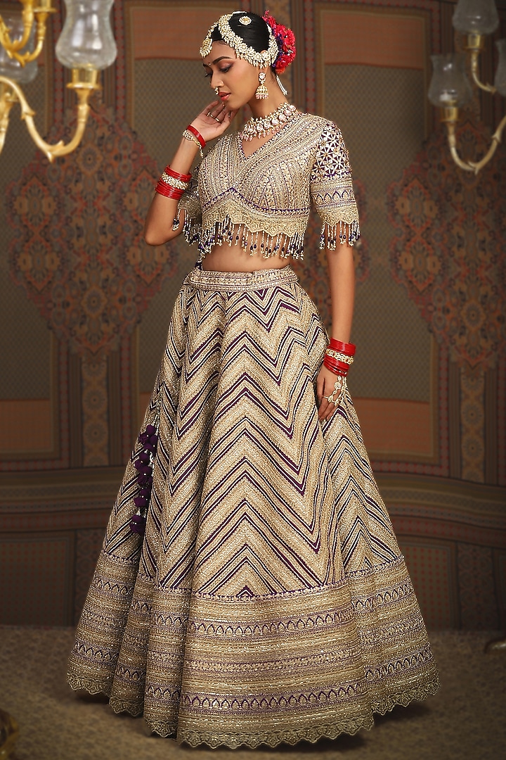 Dark Purple Silk Chanderi Dori Embroidered Bridal Lehenga Set by Shikhar Sharma at Pernia's Pop Up Shop