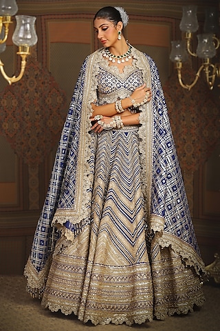 Electric Blue Silk Chanderi Dori Embroidered Lehenga Set by Shikhar Sharma