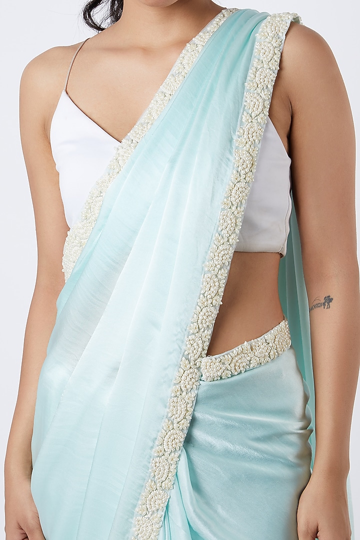 Sky Blue Wedding Saree With Pearl Work by Soshai at Pernia's Pop Up Shop