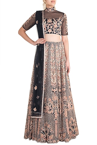 Midnight Blue & Rose Gold Embroidered Lehenga Set by Soshai
