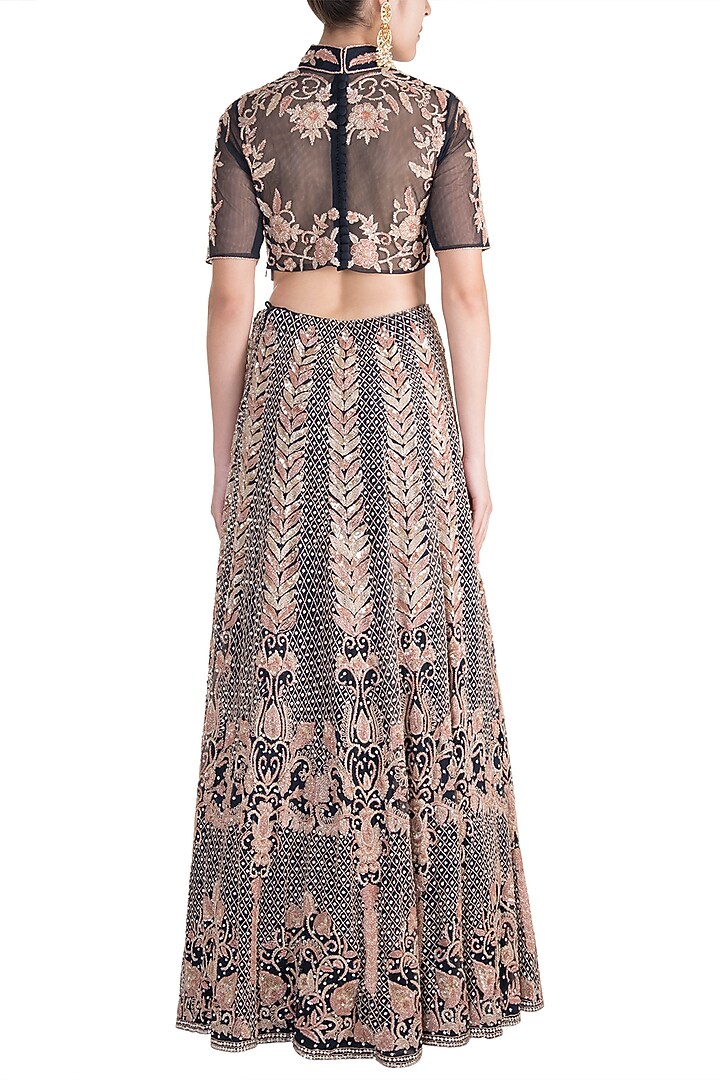 Midnight Blue & Rose Gold Embroidered Bridal Lehenga Set by Soshai at Pernia's Pop Up Shop