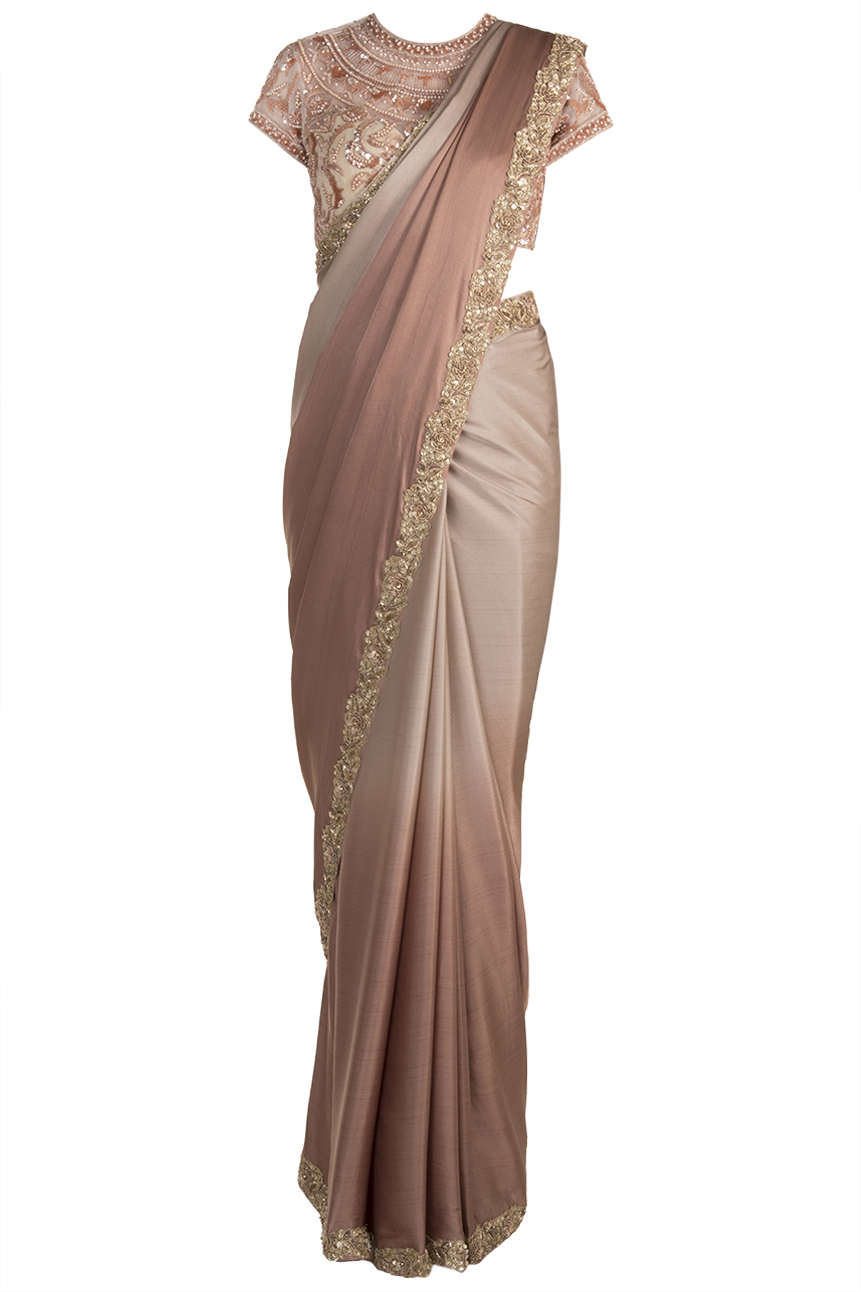 Brown Ombre Swiss Net Hand Embroidered Saree Set by Soshai at Pernia's Pop Up Shop