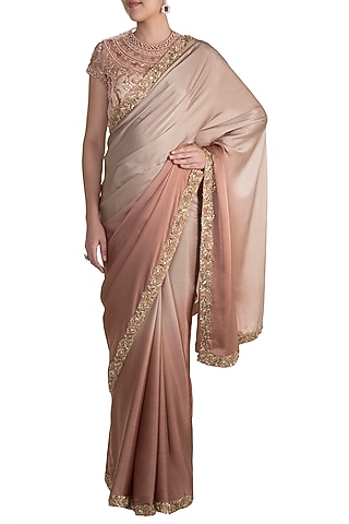 Brown Ombre Swiss Net Hand Embroidered Saree Set by Soshai