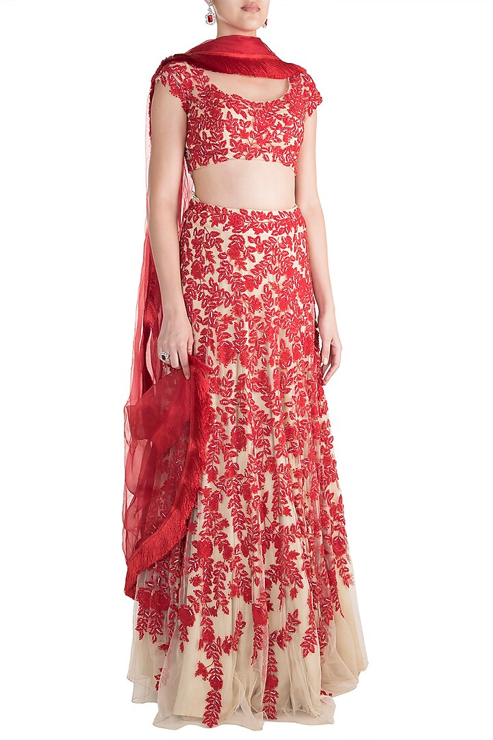Red & Skin Embroidered Bridal Lehenga Set by Soshai at Pernia's Pop Up Shop