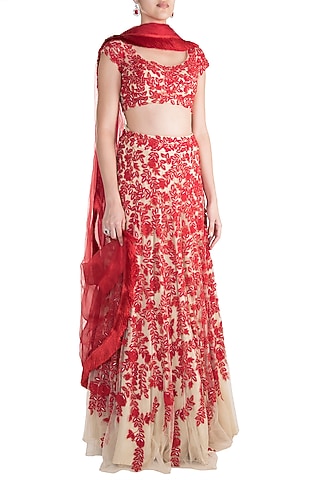 Red & Skin Embroidered Lehenga Set by Soshai