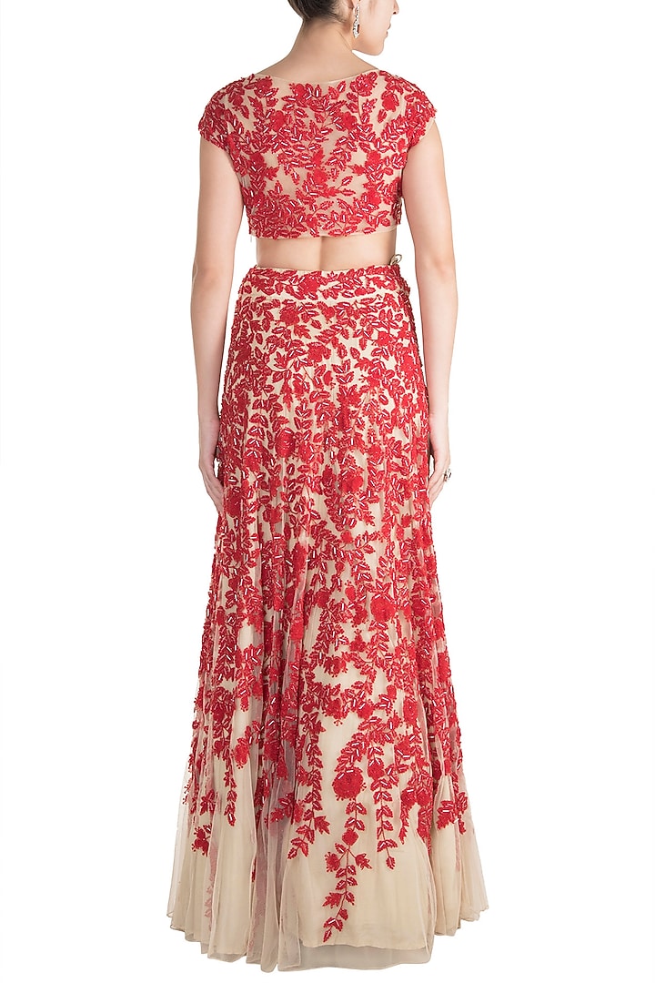 Red & Skin Embroidered Bridal Lehenga Set by Soshai at Pernia's Pop Up Shop