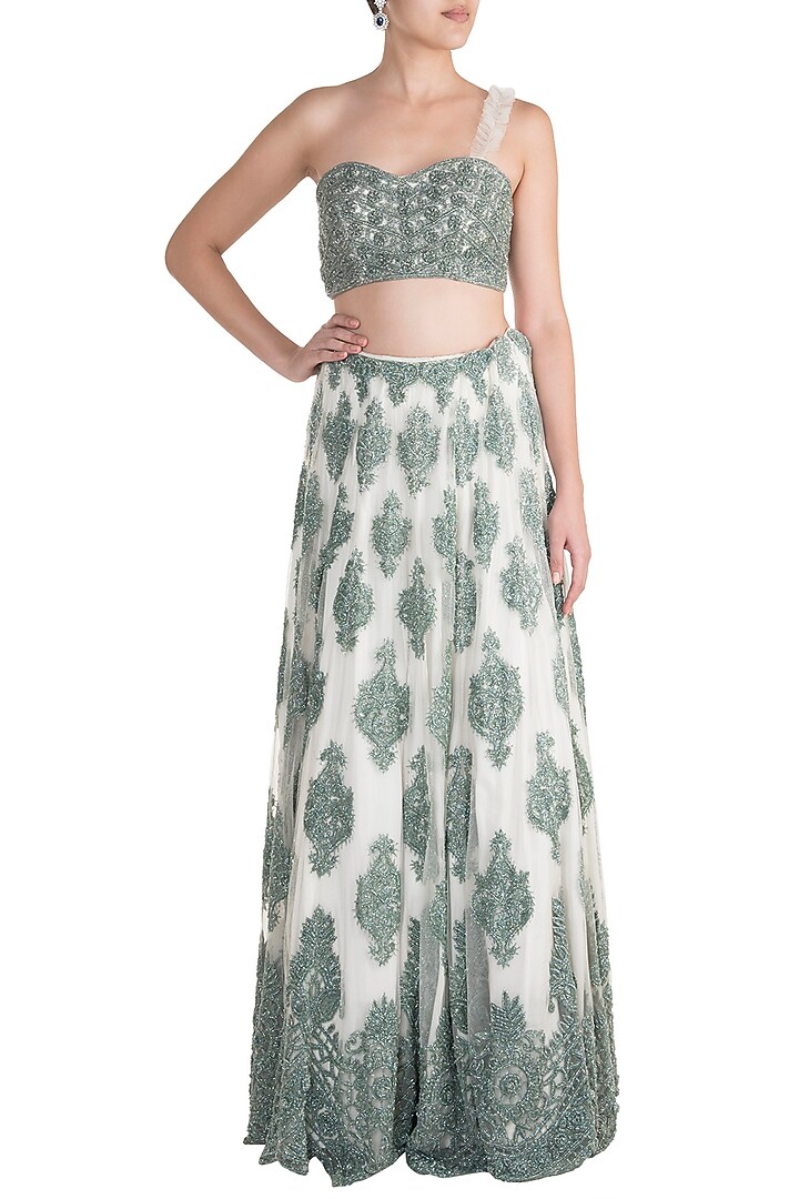 Hunter Green Embroidered Bridal Lehenga Skirt With Crop Top by Soshai at Pernia's Pop Up Shop