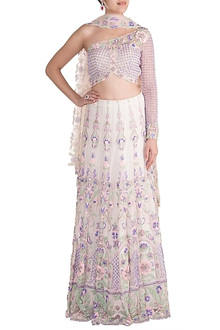 Ivory Swiss Net Sequins Embroidered Lehenga Set by Soshai