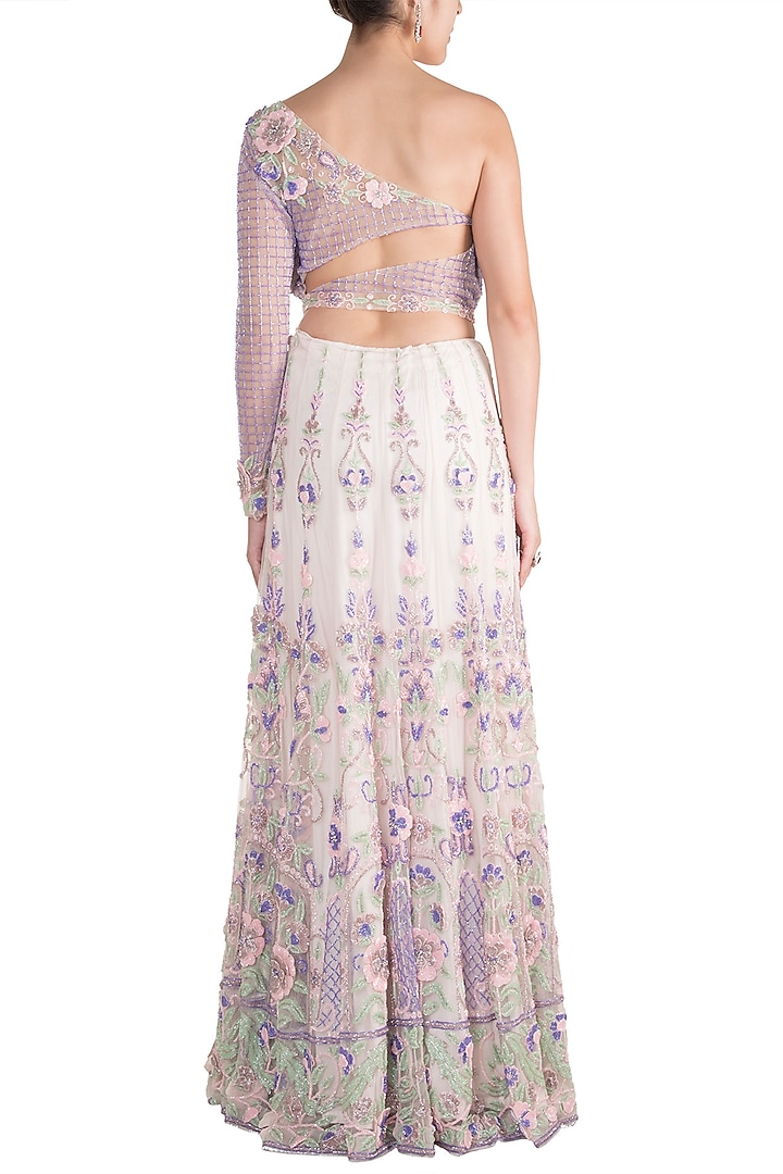 Ivory Swiss Net Sequins Embroidered Bridal Lehenga Set by Soshai at Pernia's Pop Up Shop