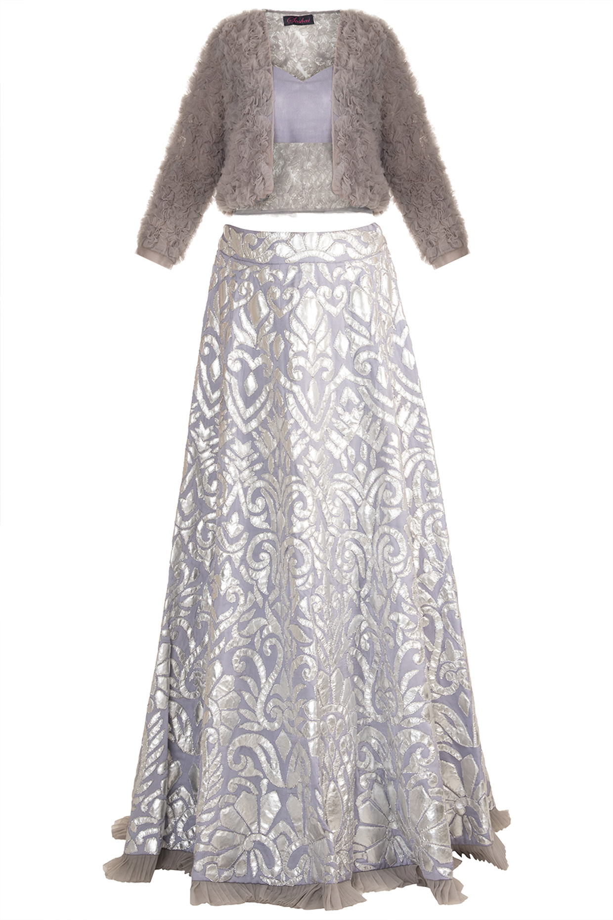 Lilac Silver Bridal Lehenga Skirt With Blouse Ruffled Jacket by Soshai at Pernia s Pop Up Shop