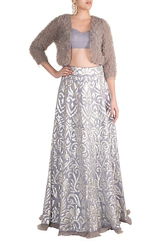 Lilac Silver Lehenga Skirt With Blouse & Ruffled Jacket by Soshai