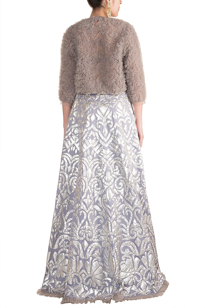 Lilac Silver Bridal Lehenga Skirt With Blouse & Ruffled Jacket by Soshai at Pernia's Pop Up Shop