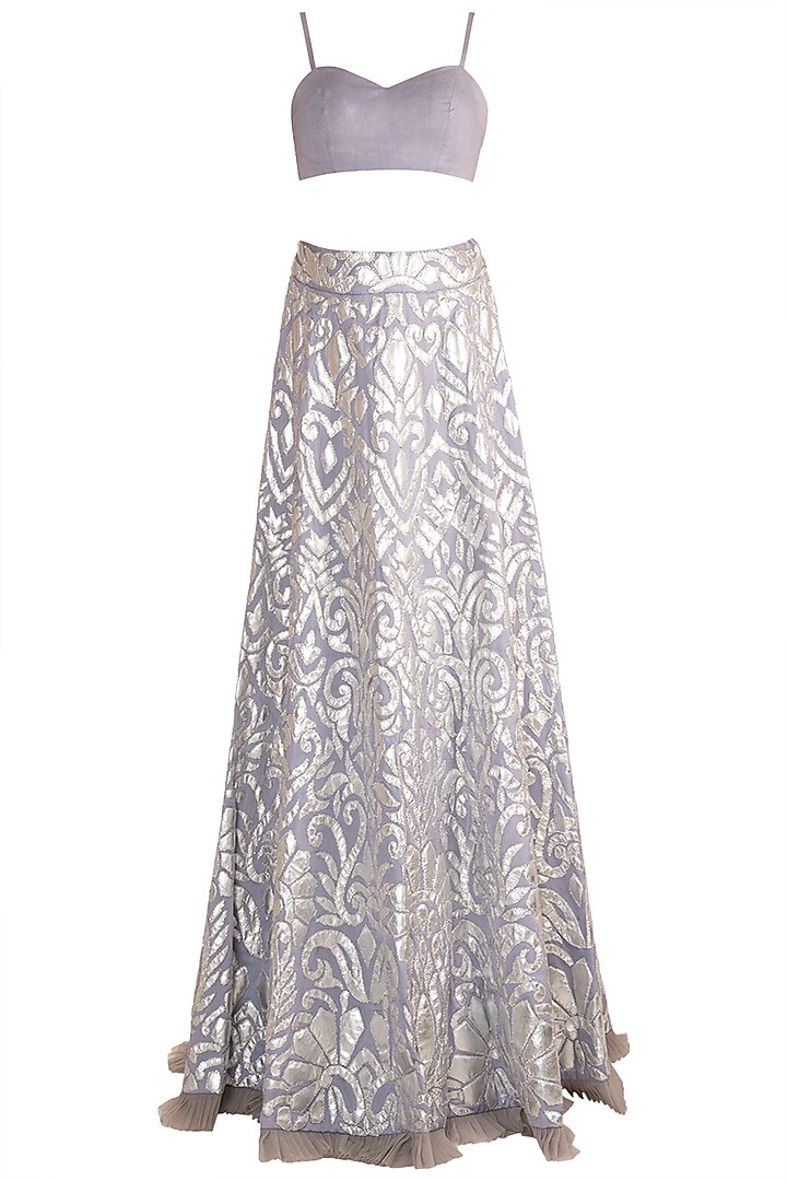 Lilac Silver Bridal Lehenga Skirt With Blouse & Ruffled Jacket by Soshai at Pernia's Pop Up Shop
