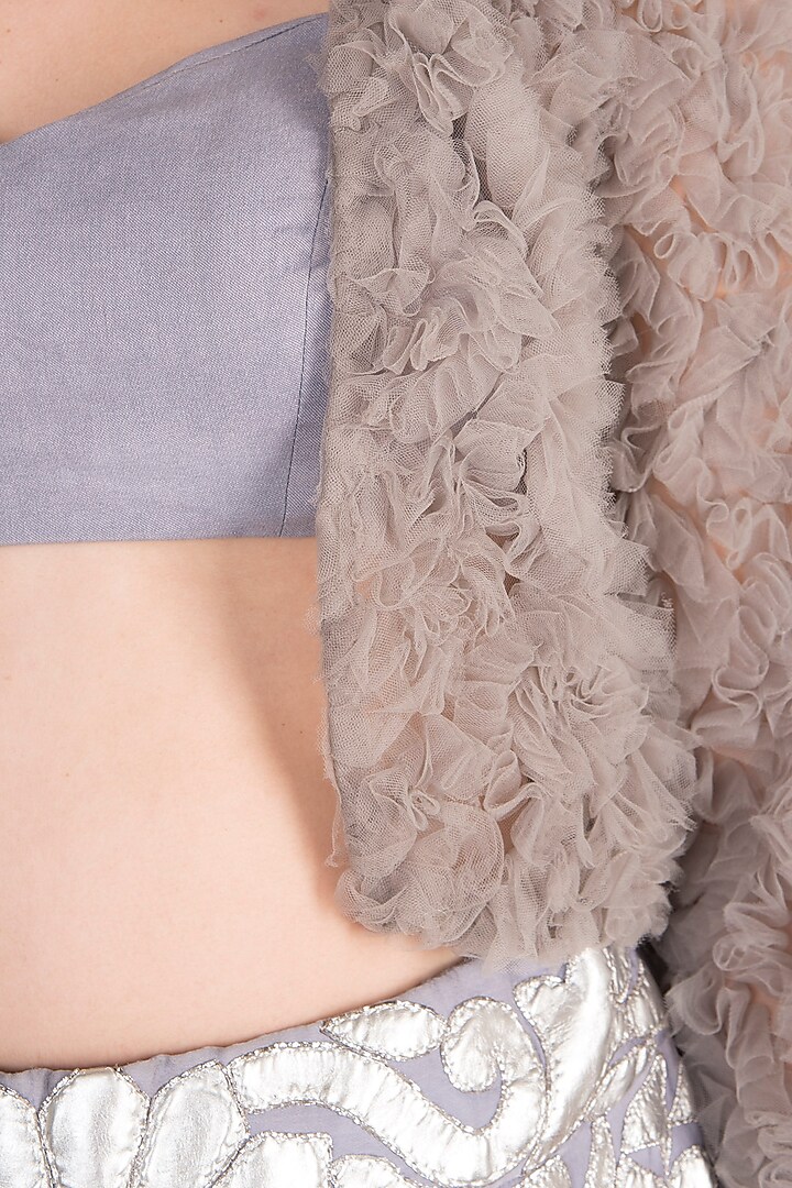 Lilac Silver Bridal Lehenga Skirt With Blouse & Ruffled Jacket by Soshai at Pernia's Pop Up Shop