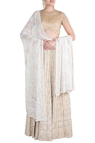 Ivory & Gold Handcrafted Chikankari Lehenga Set by Soshai