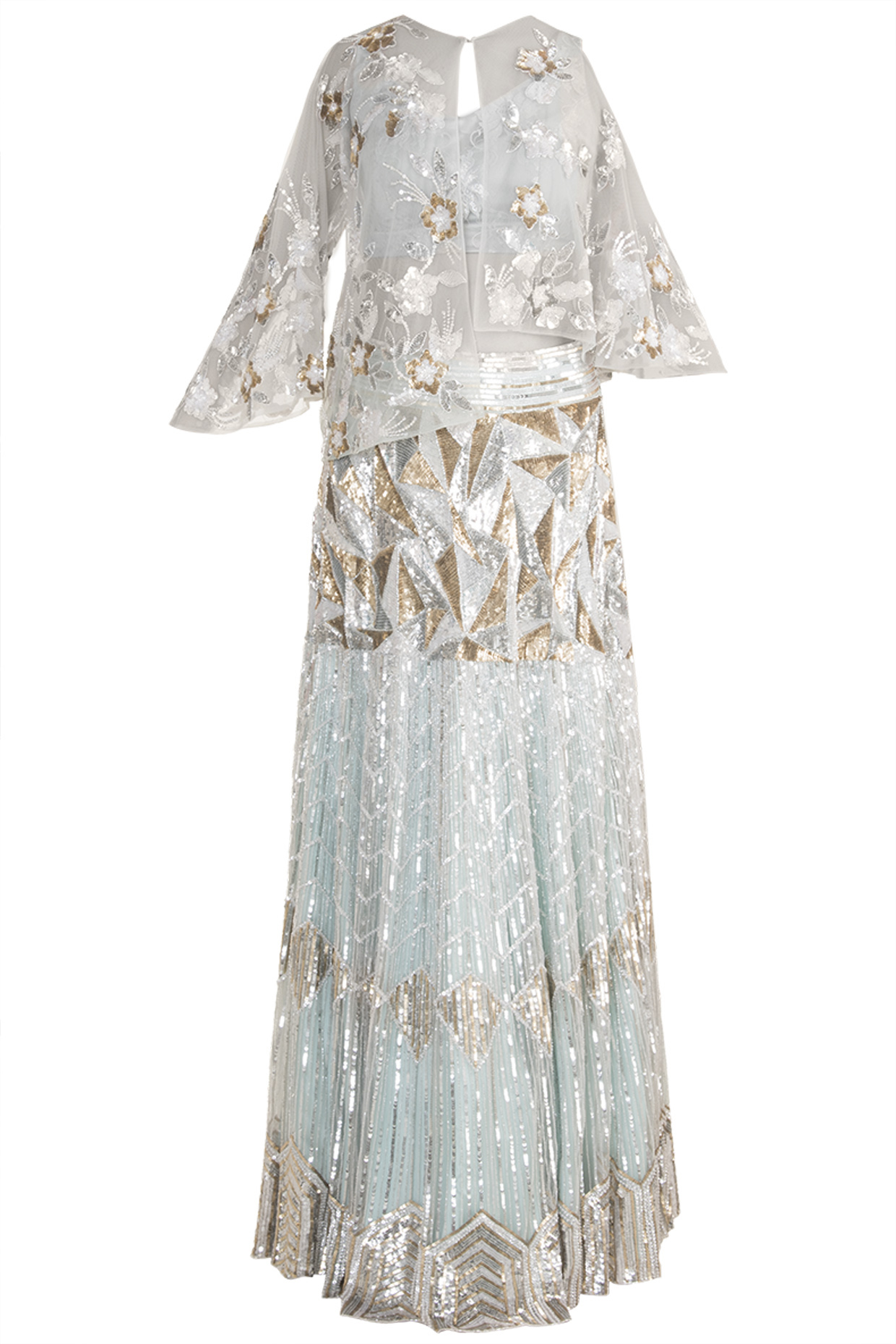 Blue Embroidered Cape Bridal lehenga for 22 Lehenga Set by Soshai at Pernia's Pop Up Shop