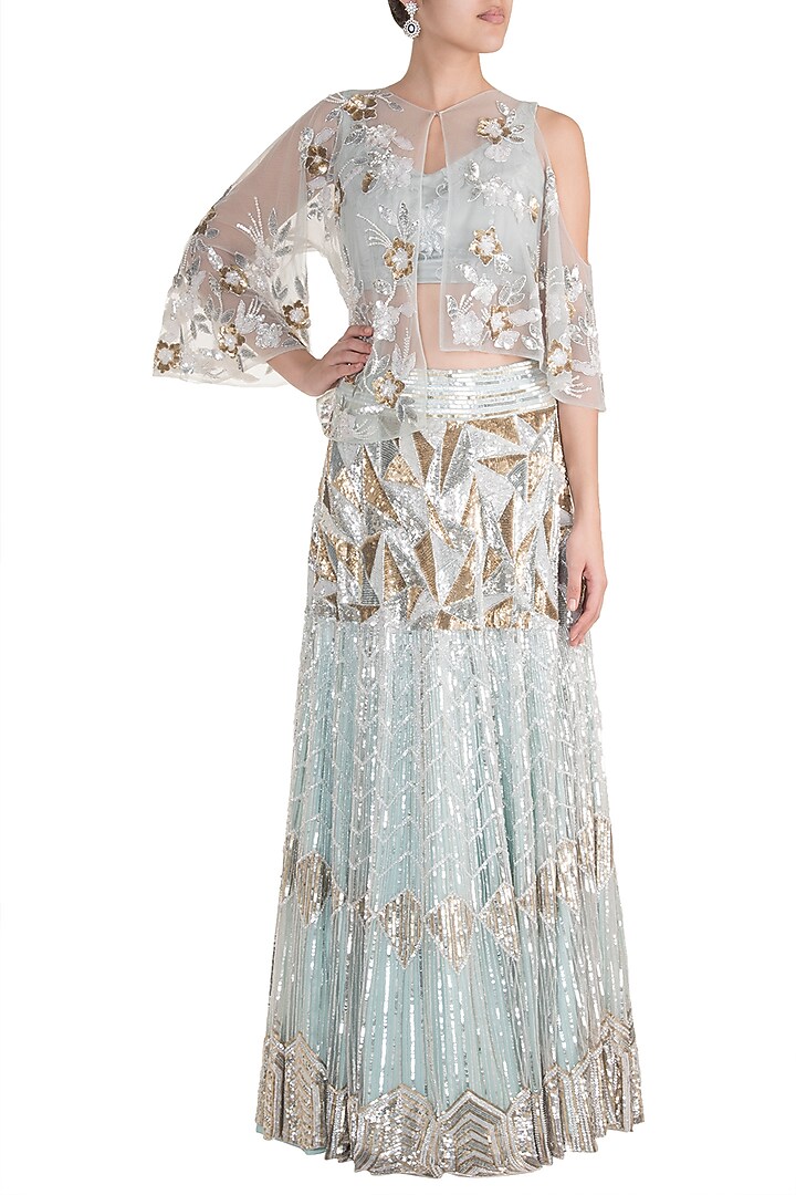 Blue Embroidered Cape Bridal Lehenga Set by Soshai at Pernia's Pop Up Shop