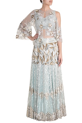 Blue Embroidered Cape Lehenga Set by Soshai