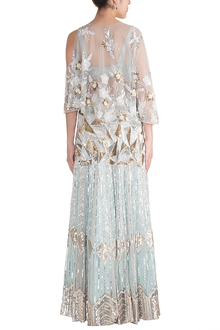 Blue Embroidered Cape Bridal Lehenga Set by Soshai at Pernia's Pop Up Shop