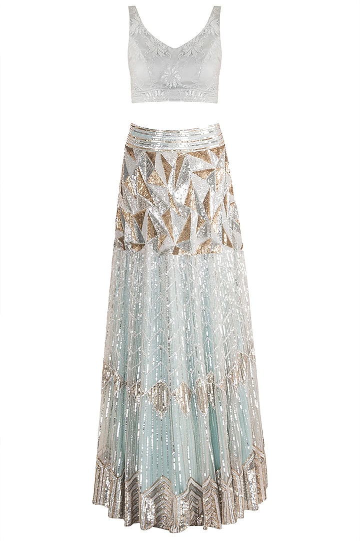 Blue Embroidered Cape Bridal Lehenga Set by Soshai at Pernia's Pop Up Shop