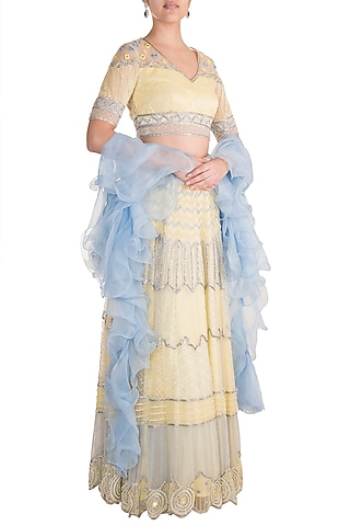 Lemon Yellow Embroidered Lehenga Set by Soshai