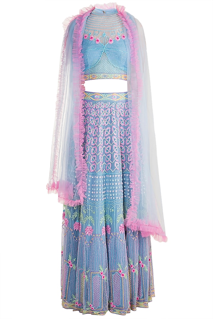 Blue & Pink Embroidered Lehenga Set by Soshai