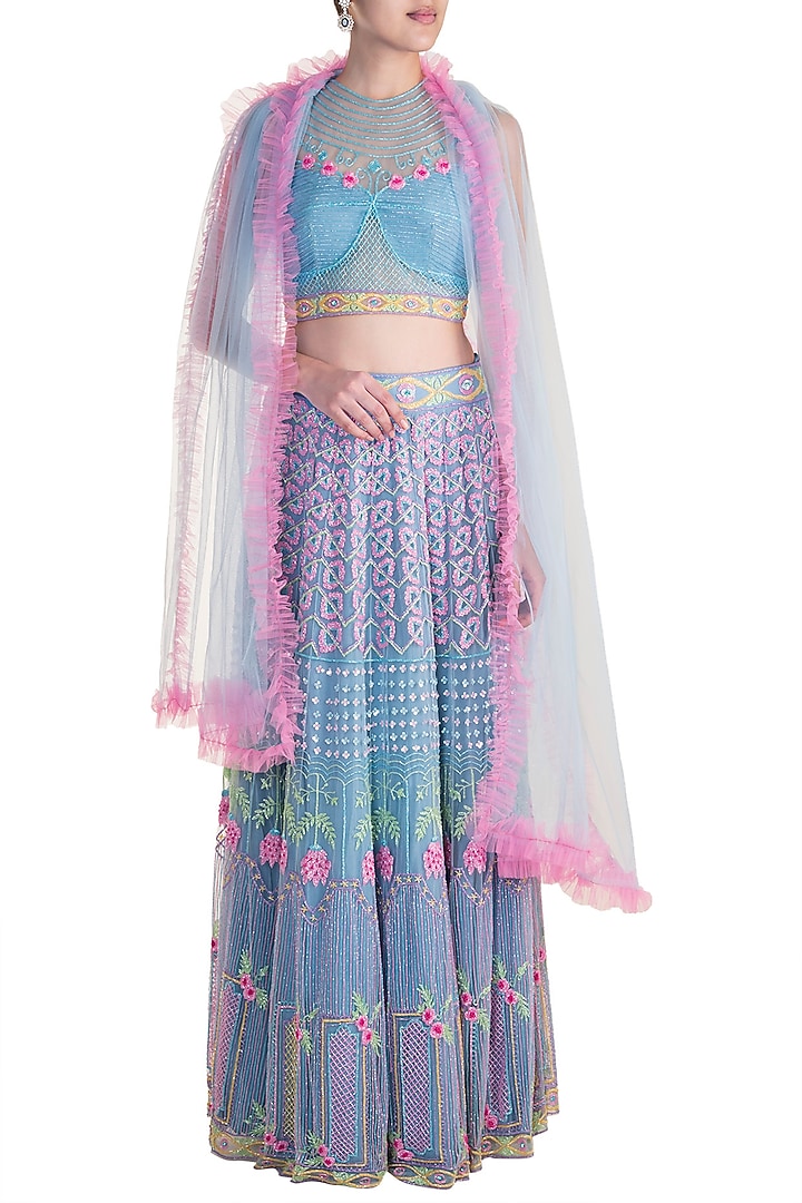 Blue & Pink Embroidered Bridal Lehenga Set by Soshai at Pernia's Pop Up Shop