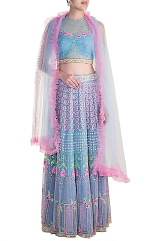 Blue & Pink Embroidered Lehenga Set by Soshai