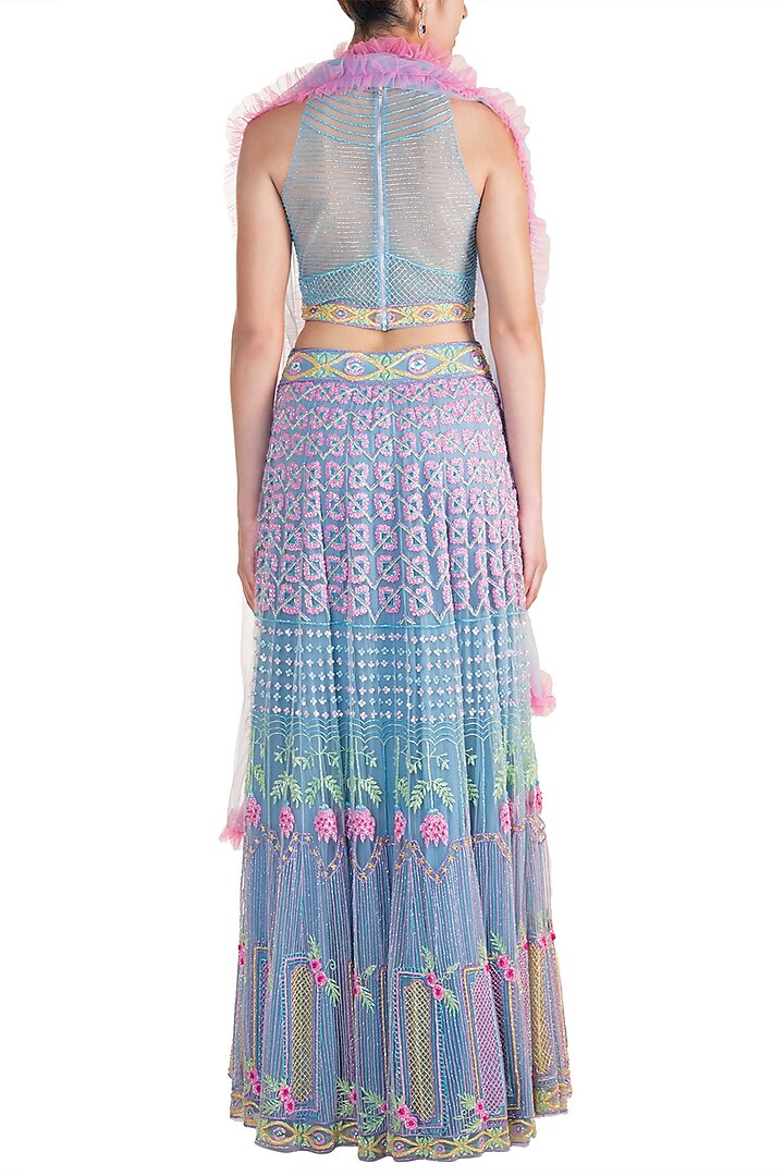Blue & Pink Embroidered Bridal Lehenga Set by Soshai at Pernia's Pop Up Shop