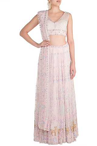 Blush Pink Hand Embroidered Lehenga Set by Soshai
