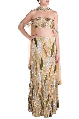 Skin & Gold Embroidered Lehenga Set by Soshai
