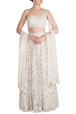 White Embroidered Lehenga Set by Soshai