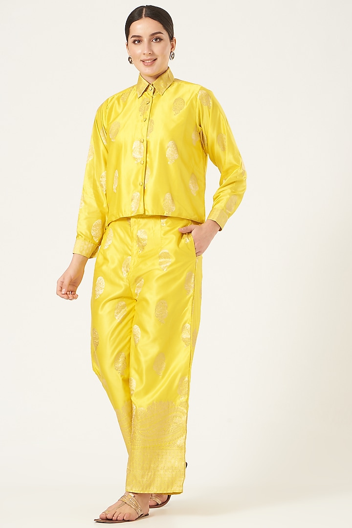 Bright Yellow Flared High-Waisted Pant Set by Shriya Singhi