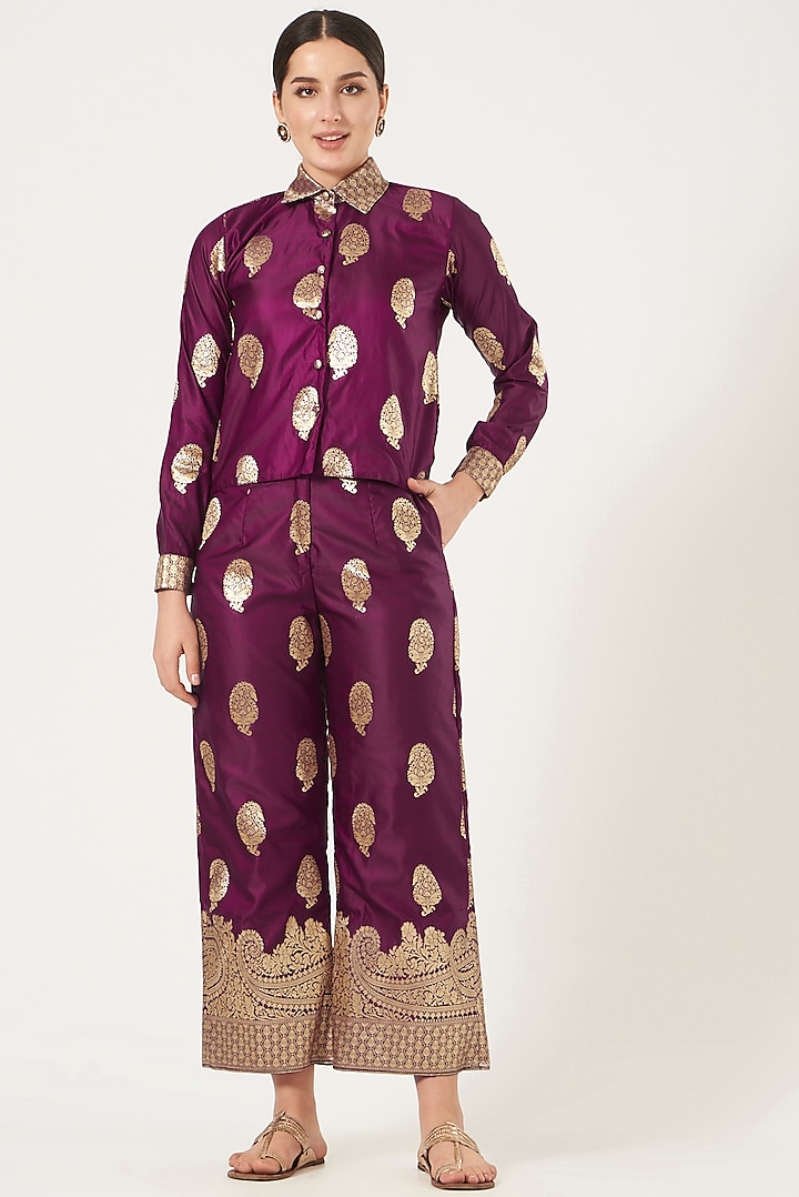 Purple Flared High-Waisted Pant Set by Shriya Singhi