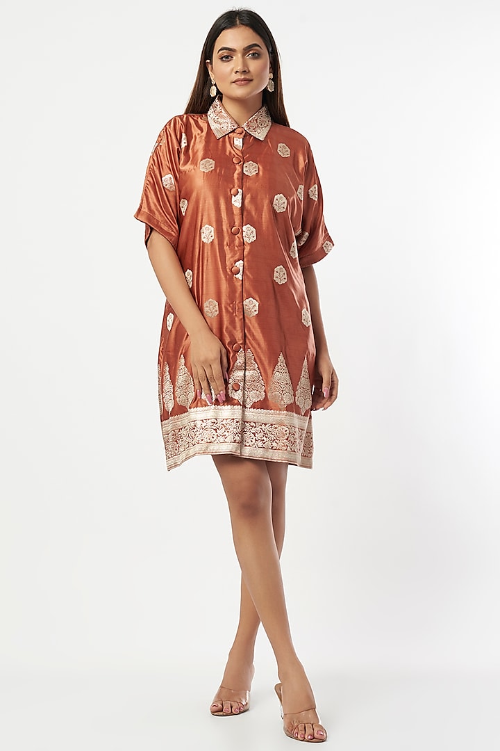 Orange Silk Zari Weave Shirt Dress by Shriya Singhi