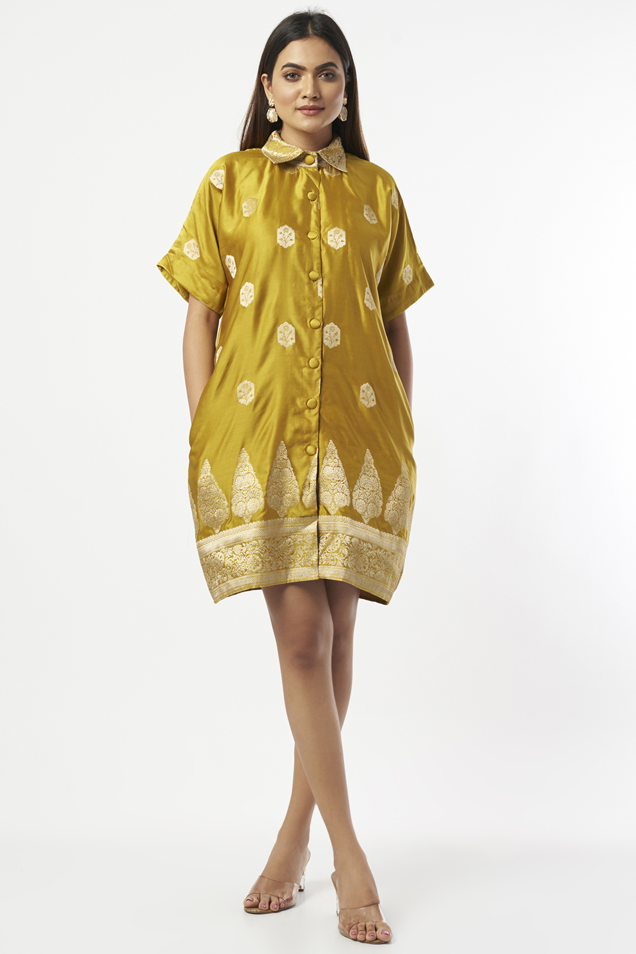 Mustard Silk Zari Shirt Summer Dress by Shriya Singhi at Pernia's Pop Up Shop