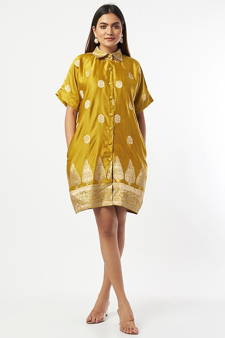Mustard Silk Zari Shirt Dress by Shriya Singhi