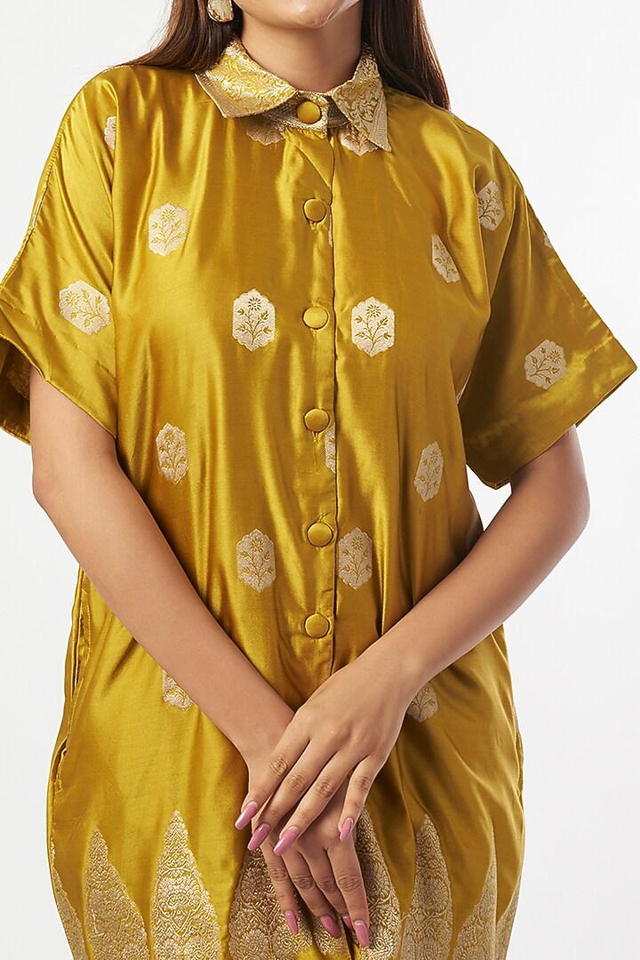 Mustard Silk Zari Summer Shirt Dress by Shriya Singhi at Pernia's Pop Up Shop