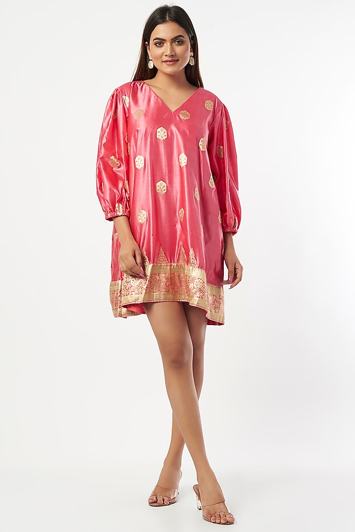 Blush Pink Silk Zari A-line Dress by Shriya Singhi