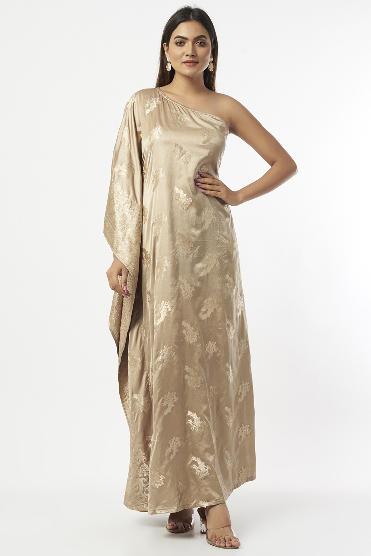 Beige Silk Zari Weaved Kaftan by Shriya Singhi at Pernia's Pop Up Shop