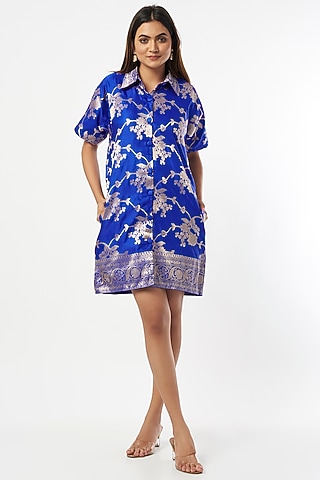 Cobalt Blue Silk Zari Shirt Dress by Shriya Singhi