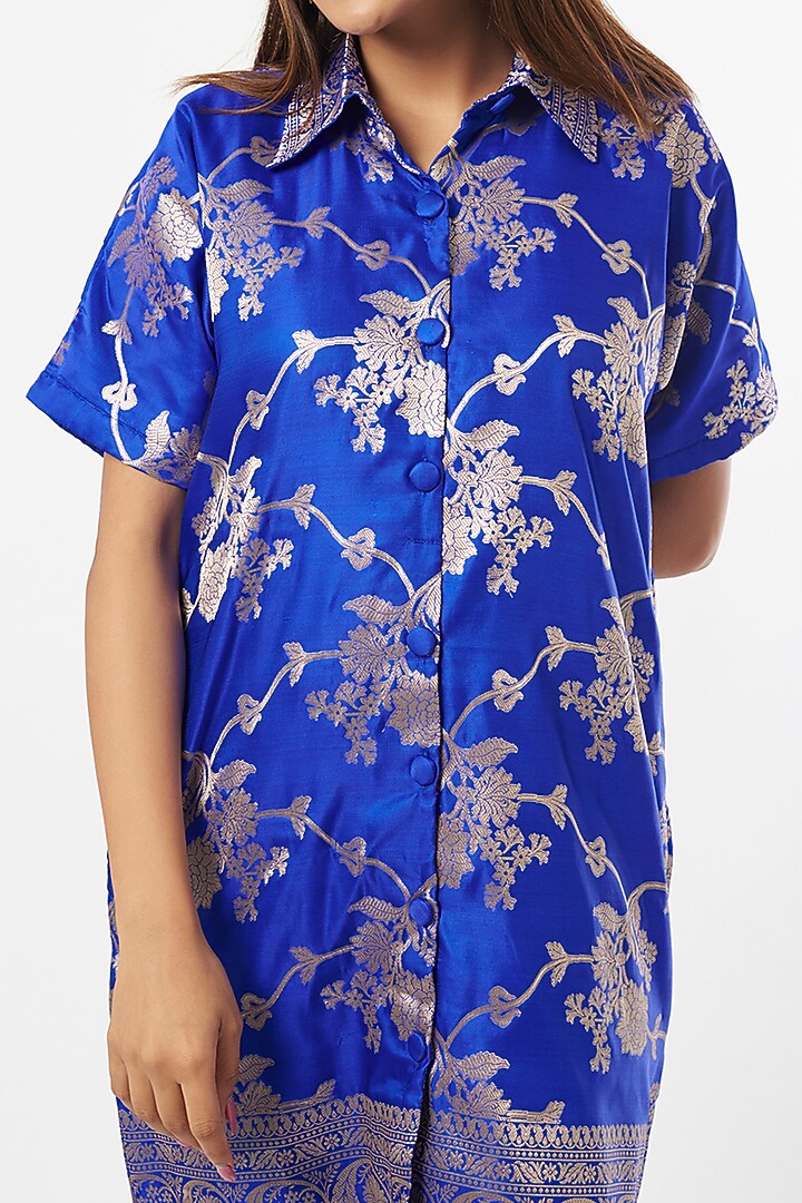 Cobalt Blue Silk Zari Summer Shirt Dress by Shriya Singhi at Pernia's Pop Up Shop